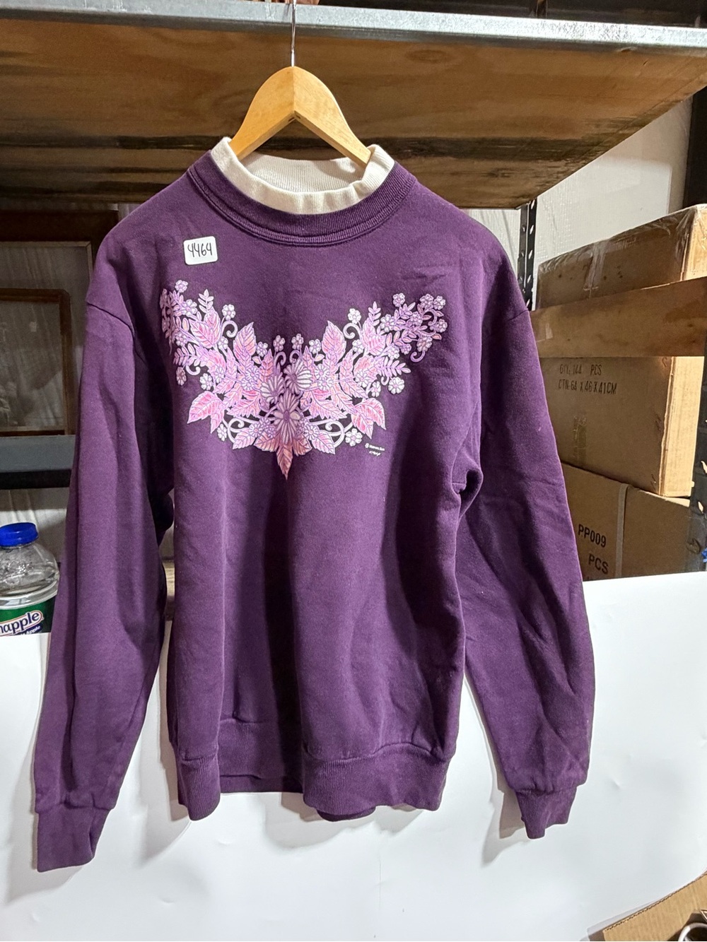 #4464-Women's Purple Crewneck Sweater with Pink Floral Appliqué